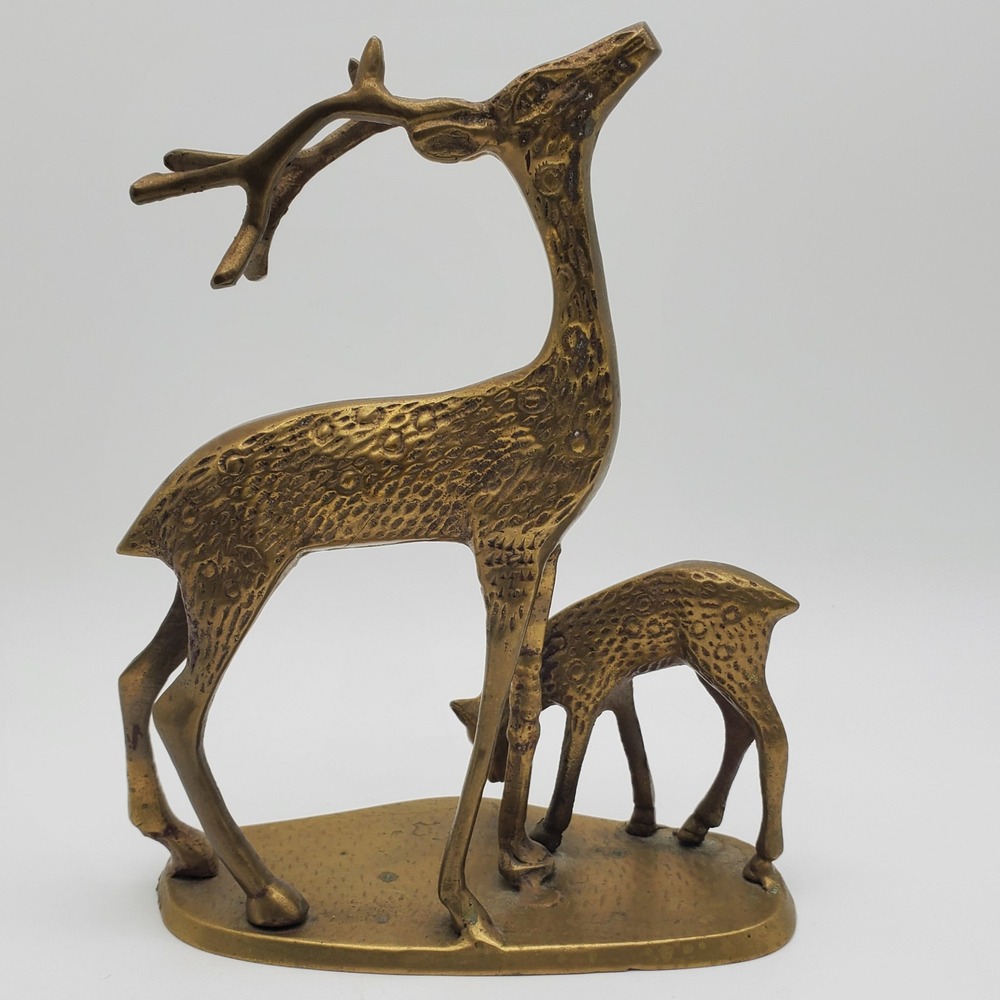 Solid Brass Deer Figurine Doe & Fawn Sculptural Animal Statue Vintage Textured - Picture 5 of 8